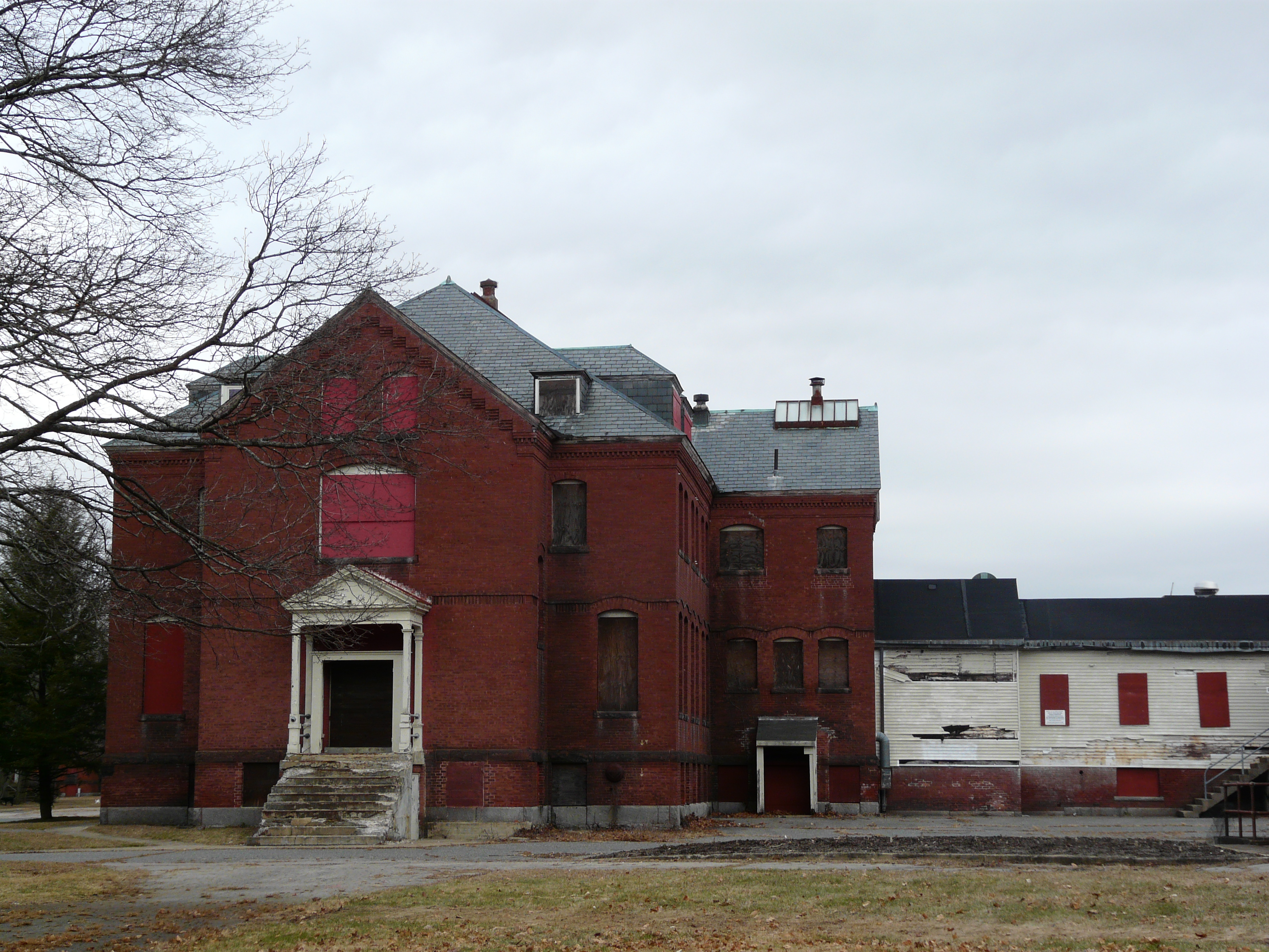 Shuttered building of the Medfield State Hospital.